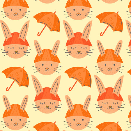 Autumn seamless pattern with cute rabbits in a hat and umbrella yellow background . vector illustrationのイラスト素材