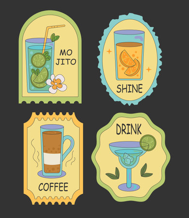 Groovy stickers of drinks and cocktails in glass. Retro drink coffe and majito with ice and lime on black background.のイラスト素材