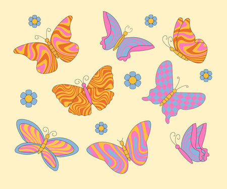 Retro Butterfly 70s 60s Groovy vector illustration set isolated on white. Retro colors butterflies print collection.のイラスト素材