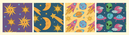 Groovy planet and sun pattern. Cosmos with ufo spaceship and stars.