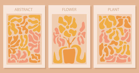 Set of abstract yellow flower posters. Modern naive groovy funky interior decorations, paintings. retro vector.のイラスト素材