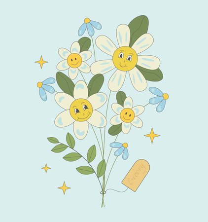 Groovy bouquet of flowers with characters. hippie cartoon daisy.のイラスト素材