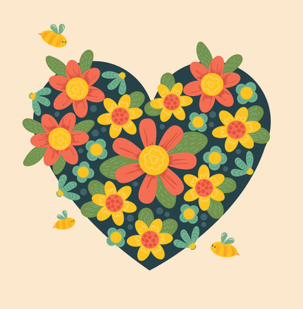 Colorful flower and heart shape on black backgroundのイラスト素材
