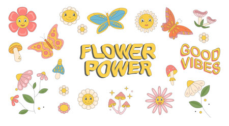 Groovy set of hippie mushrooms and daisy flower and butterfly flat style in 60s 70s .のイラスト素材