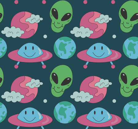 Groovy pattern Alien, ufo, planet in cartoon hippie style.のイラスト素材