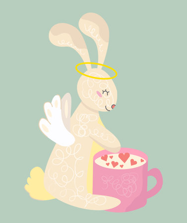 Textured cute rabbit with wings and heart. Animal holiday cartoon character.のイラスト素材