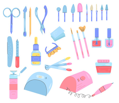 Set of tools for manicure, jars of nail polish, nail files, milling cutter, trimmings, tongs, nail lamp, color palette for manicure.のイラスト素材