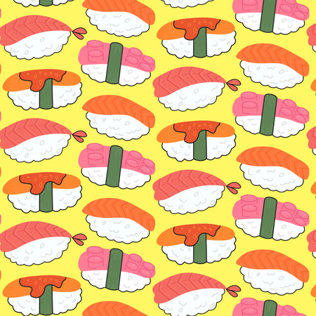 Pattern Different Sushi Nigiri colorful on yellow backgroundのイラスト素材