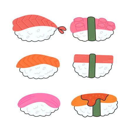 Different Sushi Nigiri with Octopus and Tuna on Isolated Backgroundのイラスト素材