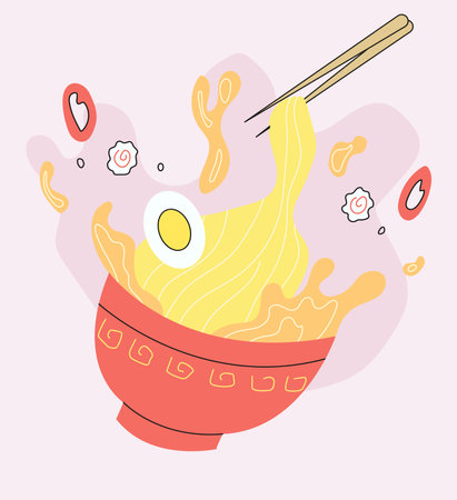 ramen spills chinese food noodles in bowl with chopsticksのイラスト素材