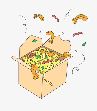 wok asian food. noodles in a box with shrimp on an isolated backgroundのイラスト素材
