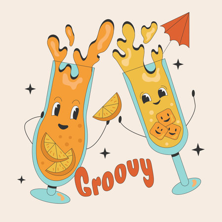 Retro 70s cocktail character in cartoon style. Groovy juice glass with fruit spills.のイラスト素材