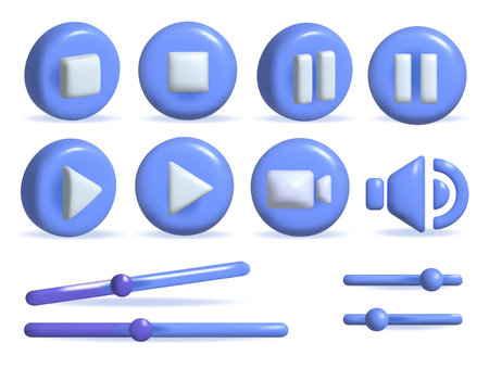 3d icons for videos. Stop and play icon on the blue circle. Volume and brightness slider on isolated background.のイラスト素材