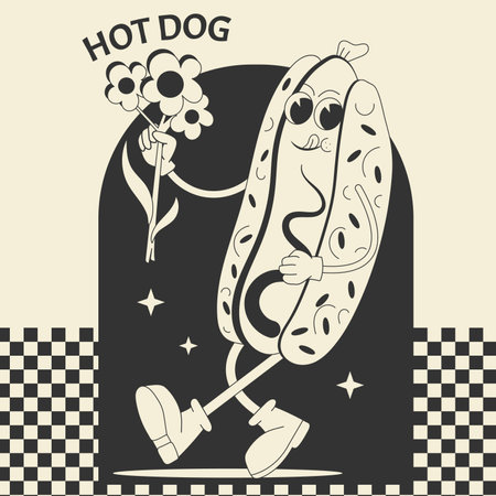 Groovy Hot Dog with flower cartoon style. Retro flyer with sausage character and groovy background.のイラスト素材