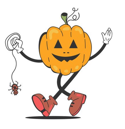 Groovy retro pumpkin holding spider cartoon style. Black happy pumpkin with smile for your design for the holiday.のイラスト素材