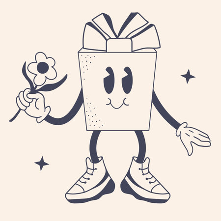 Groovy gift box. gift box cartoon character. Isolated present object packaging with black faceのイラスト素材