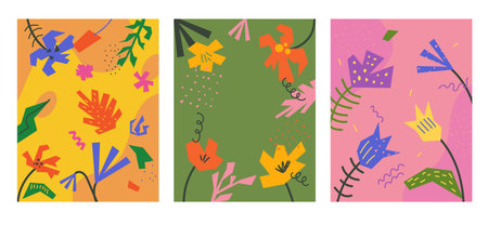Background with abstract organic shapes. Flier with textured cutouts flowers and leaf in retro...