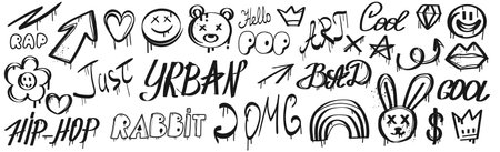 Set graffiti elements. Drawing slogan in urban style. Emoticon, bear, lettering street. Art graffiti lettering, spray effect.のイラスト素材