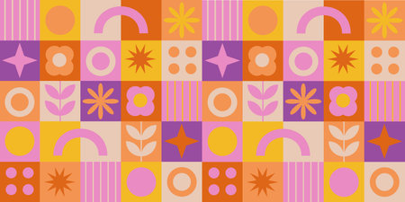 Scandinavian retro botanical pattern. Bright geometric seamless with abstract shape and flower in...