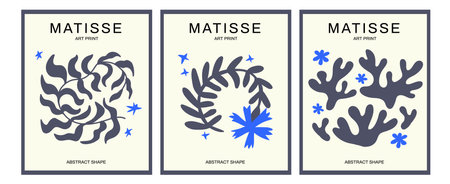 Contains Abstract Art Set in Matisse style. Posters with organic shape. Organic doodle shapes in trendy naive hippie 60s 70s style.のイラスト素材