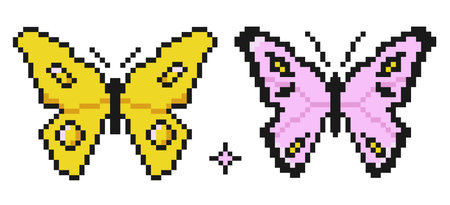 Pixel Art Butterfly. Color Pixelated Butterfly Illustrations. 8-bit Style Insect Icons.