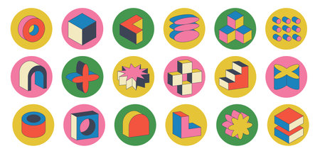 Playful retro sticker with isometric figures. Set of geometric brutal shape. Vector illustration with abstract elements.のイラスト素材