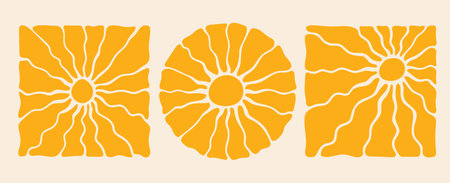 Retro Groovy Sun Background Set. Abstract Wave Ray Pattern in Trendy 70s Style. Boho Colorful Groovy...