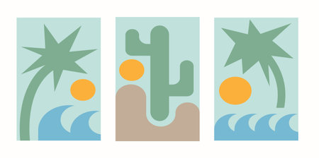 Set of retro geometric minimal beach landscape. Abstract beach and sun in vintage flat style for...