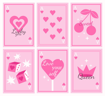 Set of abstract girlie poster with shot phrase in y2k style. Flier with playing cards and dice, cherry. Trendy covers in pastel colors.のイラスト素材