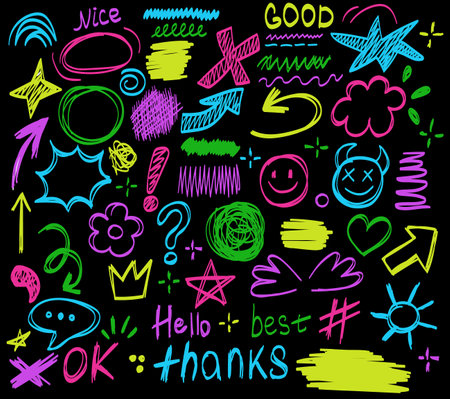 Doodle graffiti abstract neon elements. Crown, arrow shape, star in outline brushstroke style.のイラスト素材