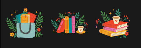 stack of books with flowers and cup. Textbooks in bag in flat style. Vector for reading loversのイラスト素材