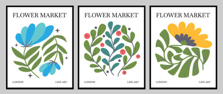 Set of botanical floral interior poster. Organic circle shapes in trendy naive retro hippie 60s 70s style. Bloom abstract flowerのイラスト素材