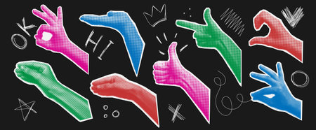 Set of color halftone hand differentのイラスト素材