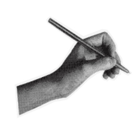 Halftone hand hold pencil on isolated background. Education concept. Pen cutout collage elementのイラスト素材