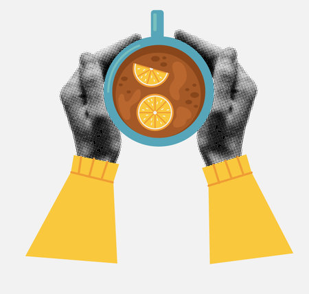 Halftone hands holding cup of tea with lemon in trendy style. Graphic elements.のイラスト素材