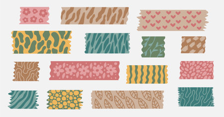 Set of slice tape with modern abstract ornament. Scrapbooking collection. Stripes and pieces of duct paper, or scotch with different printのイラスト素材