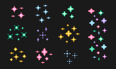 Colorful pixelated 8 bit sparkles symbols vector. Set of l vector stars sparkle icon. Multicolor firework, decoration twinkle, shiny flash.のイラスト素材