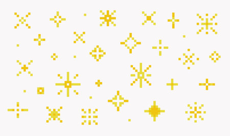 Pixel yellow sparkling stars background. Pixel geometric star shape. Trendy modern retrogame styleのイラスト素材