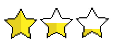 Yellow star pixel icon. Star shape 8 bits pixelated style sign. Ratings and reviews isolatedのイラスト素材