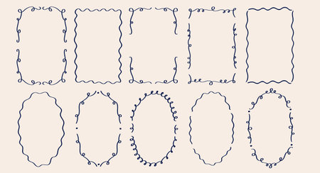 Rectangle wavy scallop frame in doodle trendy style. Border with elegant outline loop for greeting cards. Rectangular shapes with curvy and jagged borders.のイラスト素材