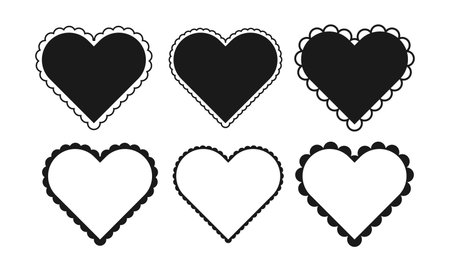 Set of scallop frame heart shape. Vintage element for greeting card. Simple Badges with Zig Zag Borders. Wiggly black Stickers Shapesのイラスト素材