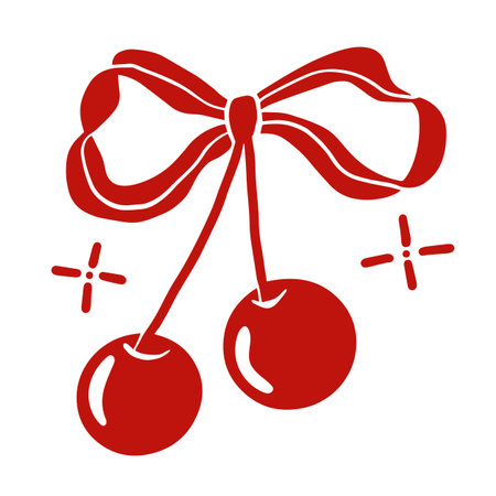 Retro Coquette Red Heart cherries with red ribbon bow. Vintage doodle print art.のイラスト素材