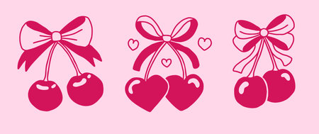 Retro Coquette Red Heart cherries with red ribbon bow. Vintage doodle print art. Cute trendy line doodles.のイラスト素材