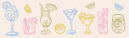 Cocktails alcoholic martini, aperol spritz in ink doodle style. Hand drawn collection of drinks. Italian style wedding dinner icons.のイラスト素材
