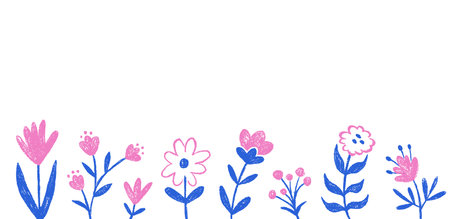 Botanical floral textured background with copy space. Wallpaper with chalk flowers. Child color crayon chalk botanical plant.のイラスト素材