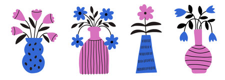 Bright flowers in vases in flat cut-out style. Plant bouquets in flowerpots and floral pots. Pink blue colorsのイラスト素材