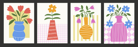 Set of posters with abstract cut-out flowers in vase. Organic floralのイラスト素材