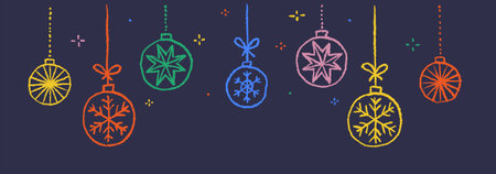 Christmas golden outline balls hanging ornaments in line style. Merry Horizontal banner of x-mas tree toys with snowflakeのイラスト素材