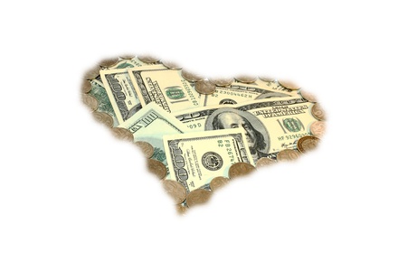 Dollar banknotes in an environment of the Kazakhstan coins in the form of heart. An illustrationの写真素材