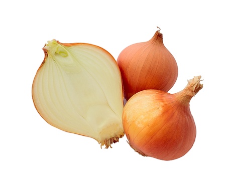 3 onions, one of which is cut, is situated on a white background,の写真素材
